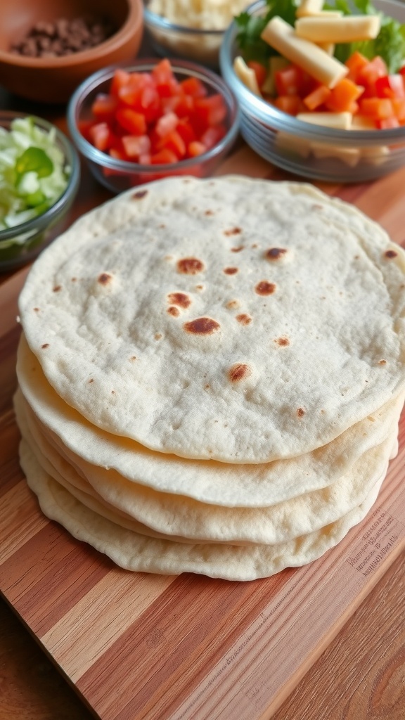 Freshly made tortillas stacked on a cutting board with colorful fillings in the background.